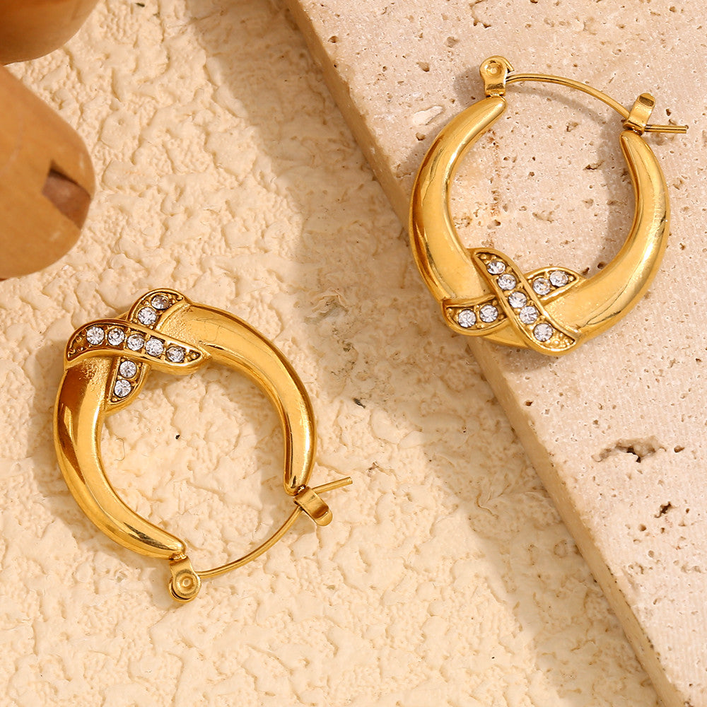 18k Gold Stainless Steel Designer Luxury Crossing X Rhinestone Hoop Bling Earrings