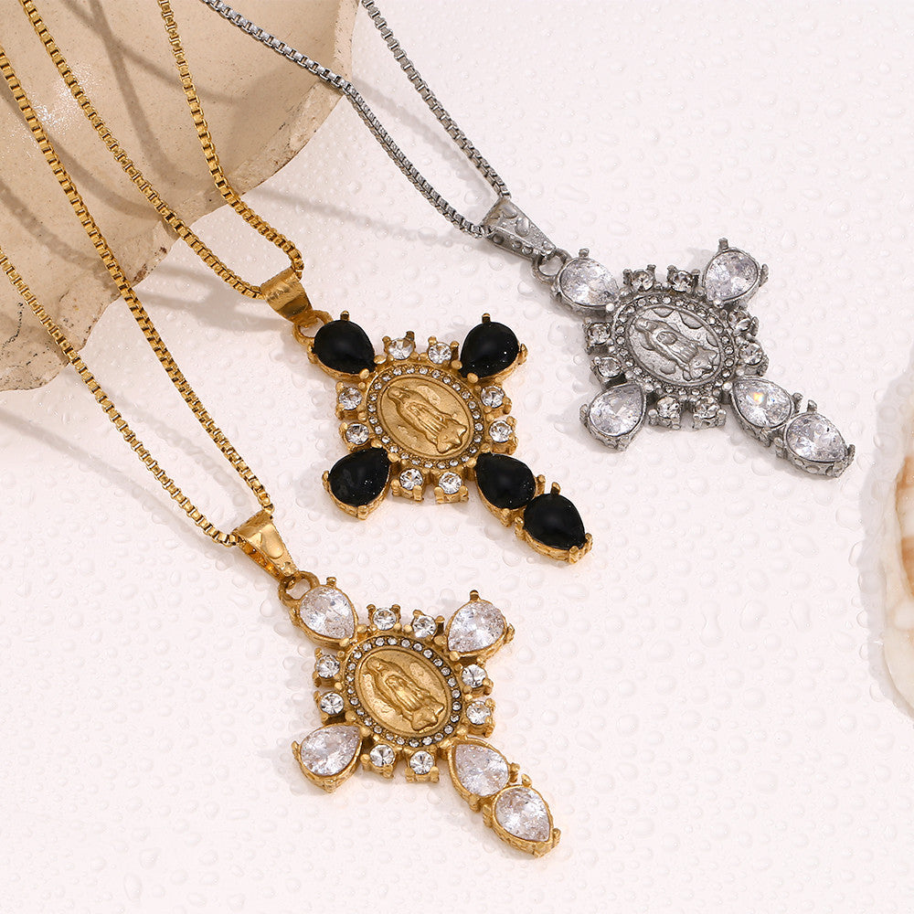 18k Gold Solid Stainless Steel Waterproof Virgin Mary Cross Pendant Necklace