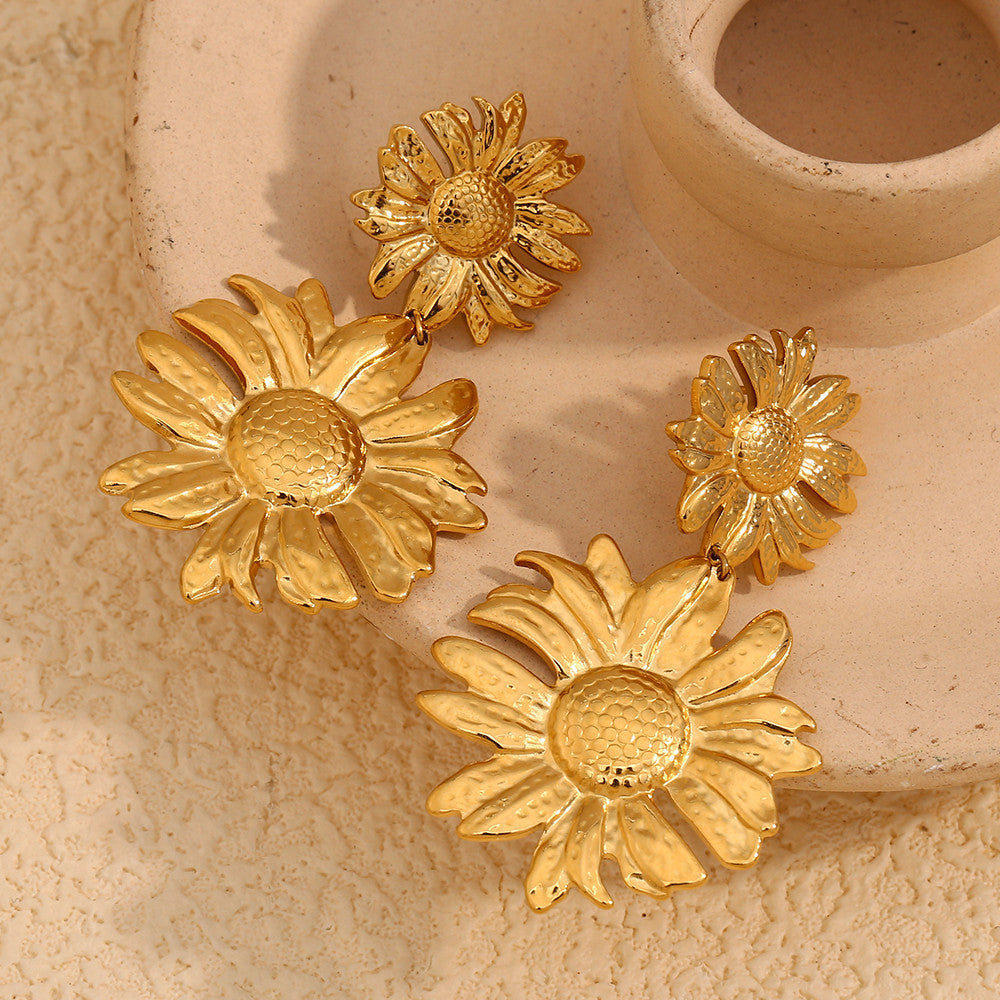 18k Gold Stainless Steel Exaggerated Sunflower Drop Bling Waterproof Earrings