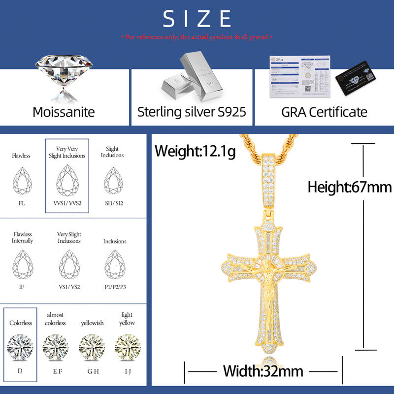 18k Gold Solid 925 Sterling Silver Jesus Crucifix D VVS Moissanite Diamond Cross Pendant