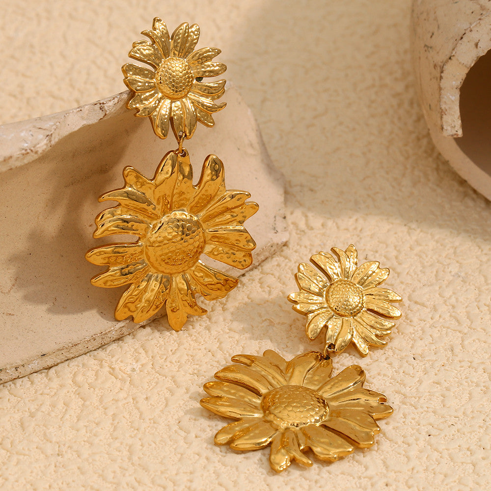 18k Gold Stainless Steel Exaggerated Sunflower Drop Bling Waterproof Earrings