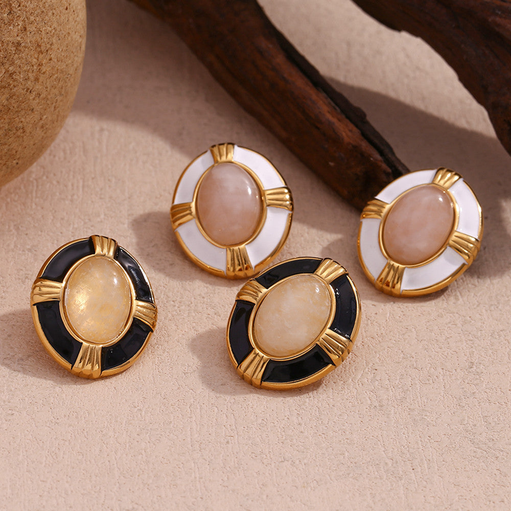 Ladies 18k Gold Waterproof Stainless Steel Oval Cross Natural Stone Earrings