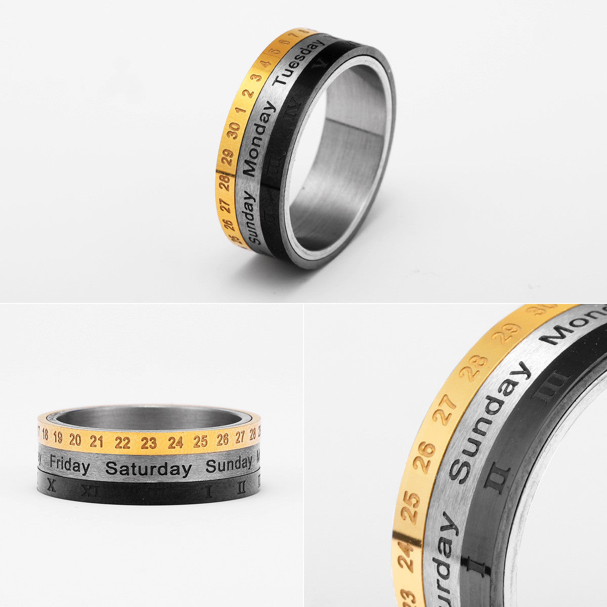 Calendar | Month Date Year 14k Gold Black Over Solid Stainless Steel Rotating Men's Rings