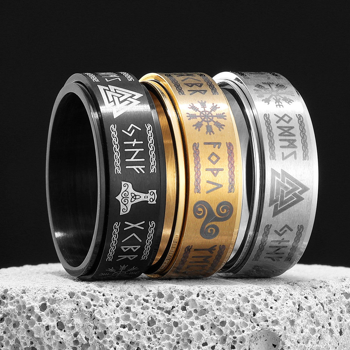 Vintage Nordic Viking | 316L Solid Stainless Steel Odin's Triangle Men's Rings