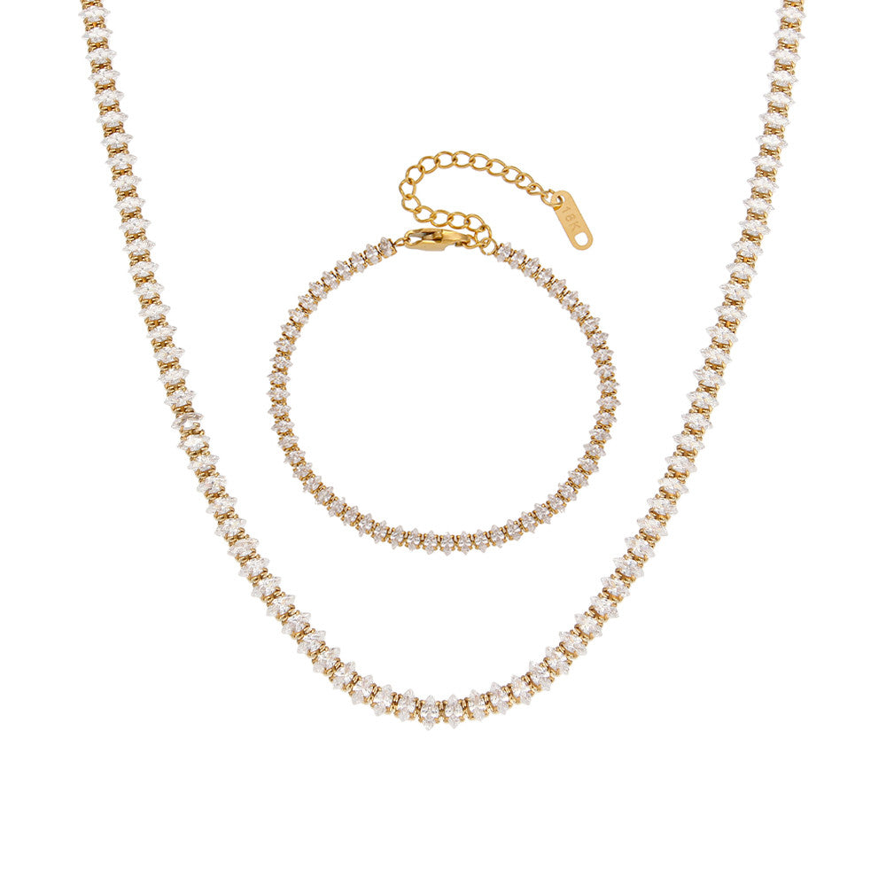 Ladies 18k Gold Waterproof Stainless Steel Marquise Oval CZ Tennis Necklace Bracelet Set