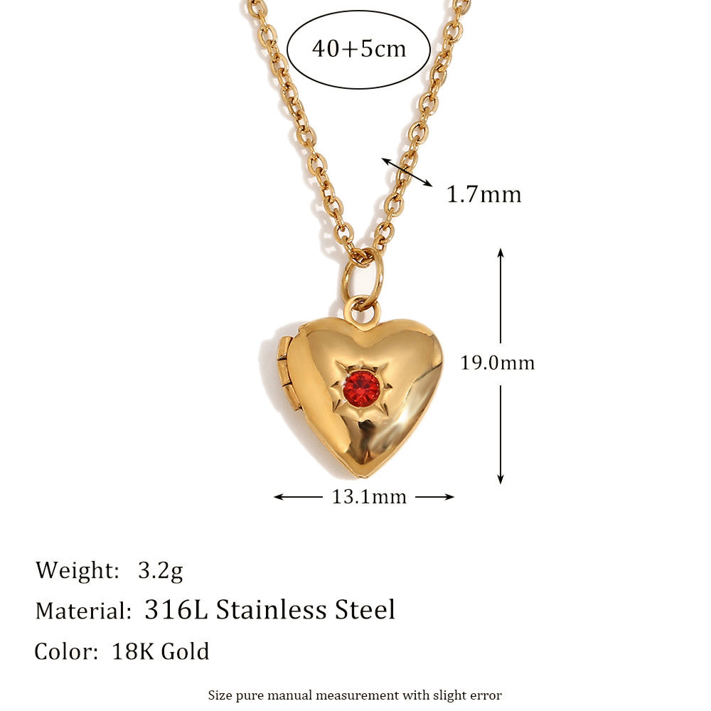 Women's Birth Stone Heart Shape Photo Box Pendant 18k Gold Waterproof Necklace