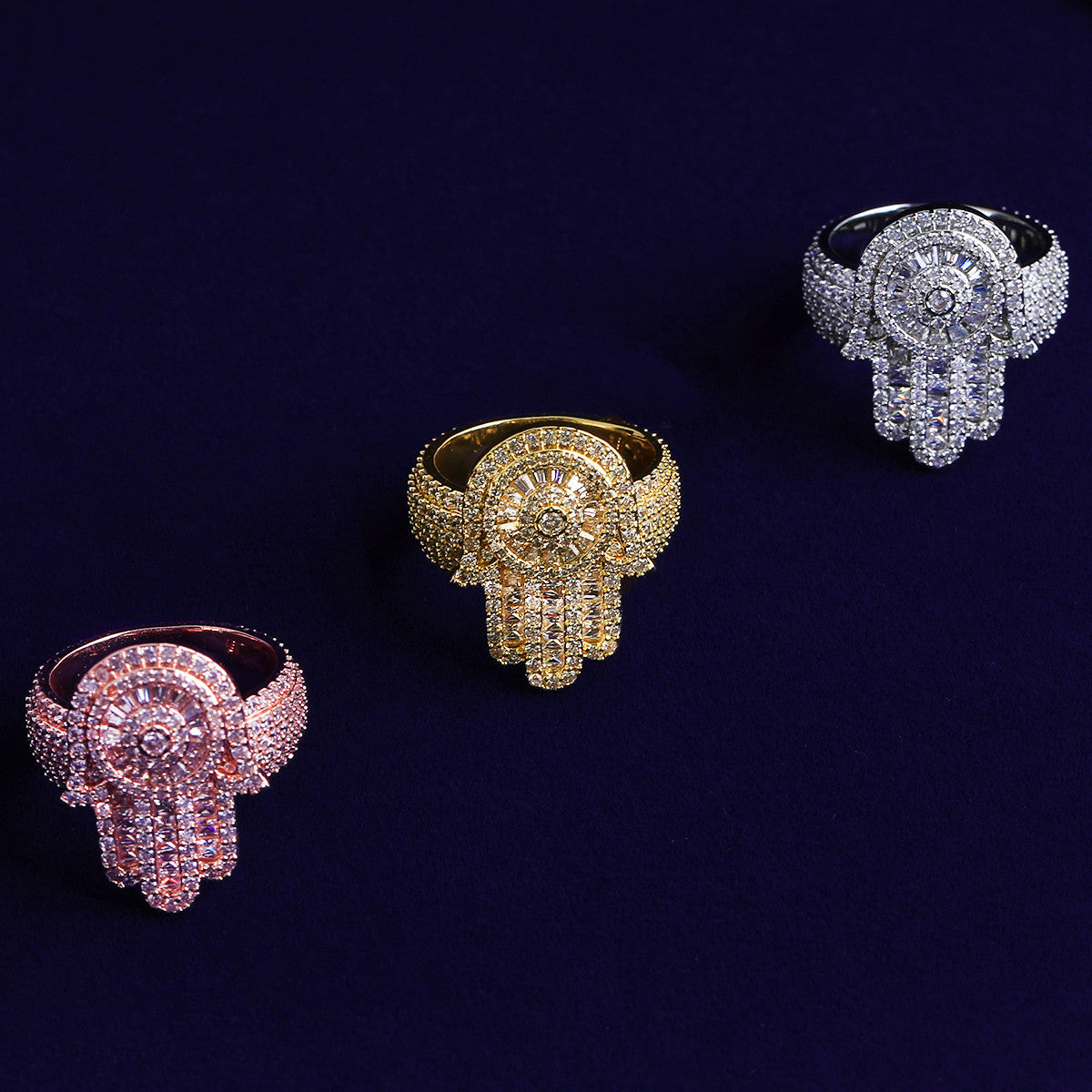 Hand To Hand | VVS Diamond CZ 925 Silver 24k Rose Gold Hamsa Hand Of Fatima Hip Hop Ring