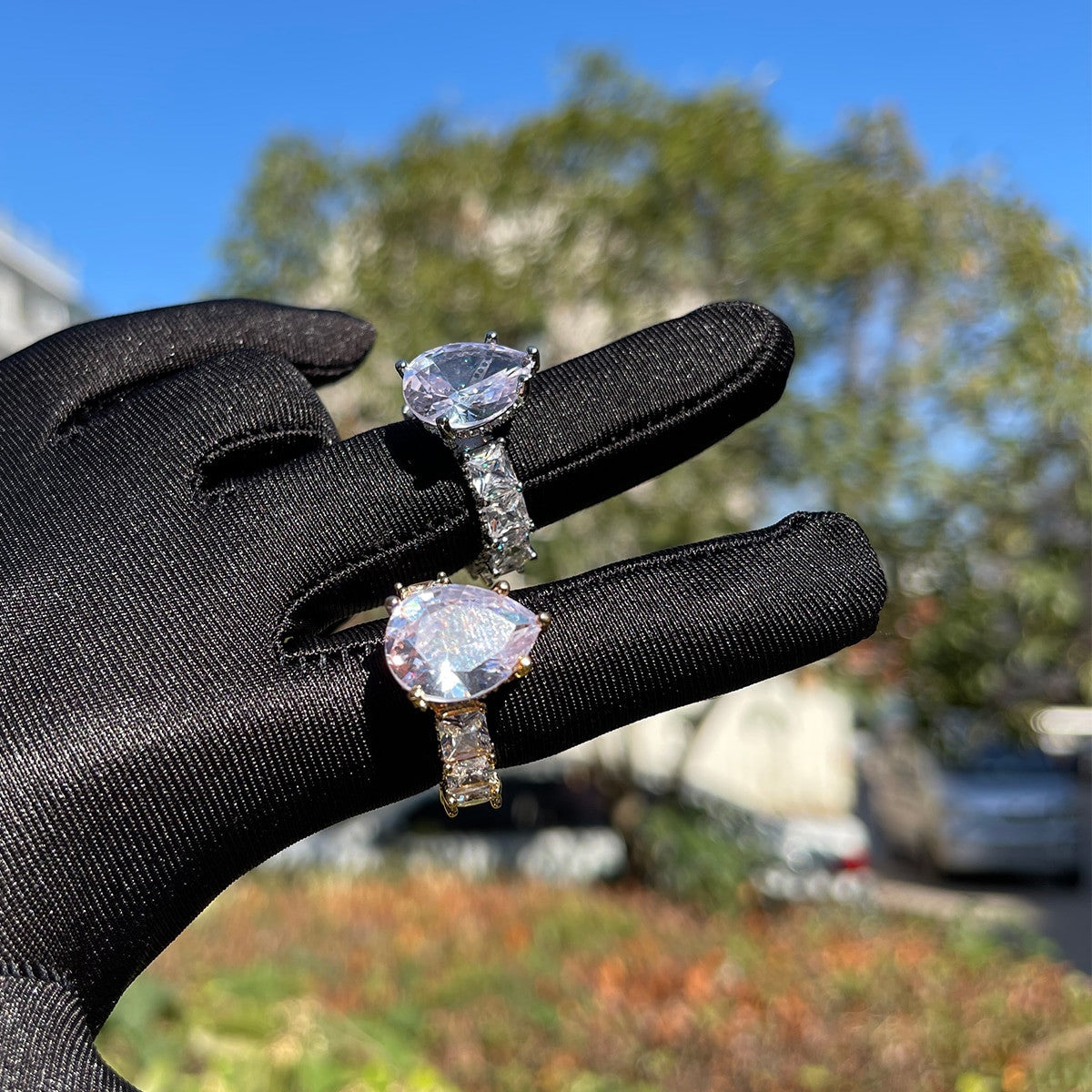 Elegance Princess | Tear Drop Solitaire 24k Gold 925 Silver Bling Rings