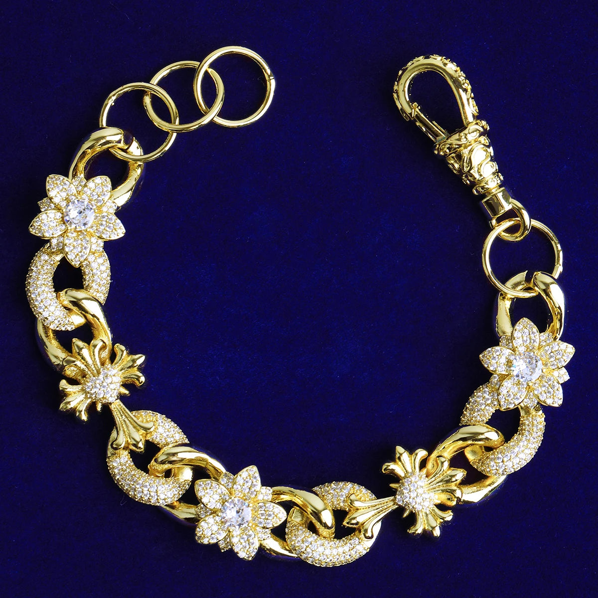 Fleur De Lis Cross | VVS Diamond CZ Flower Cross Hip Hop Cuban Link Bracelet