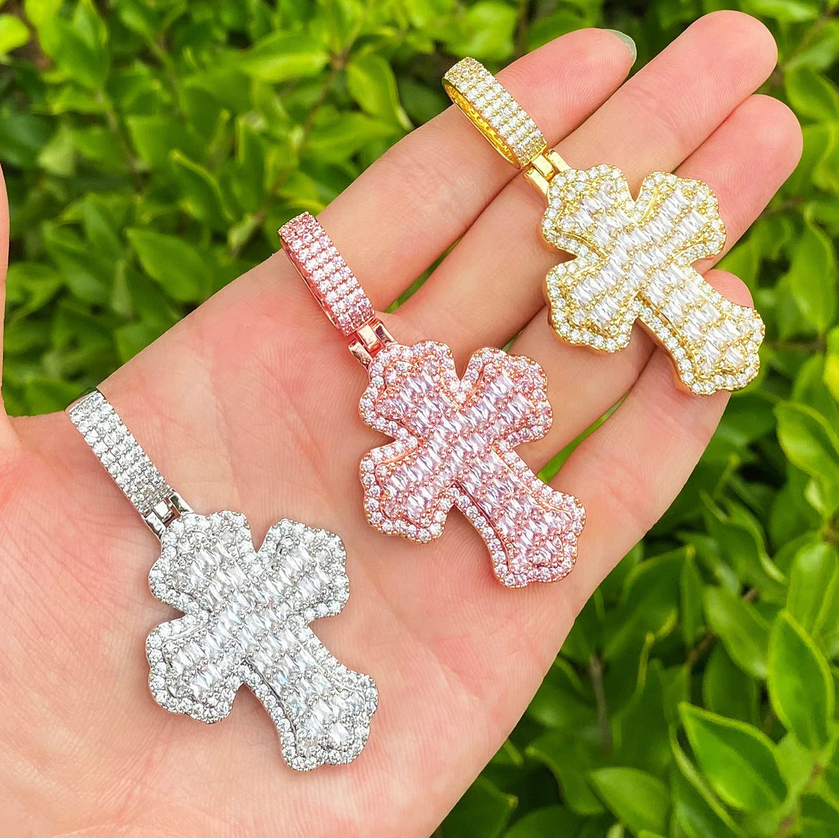 Baguette Wave | VVS Diamond CZ Iced Blinged Out Prong Set Cross Pendant Chain