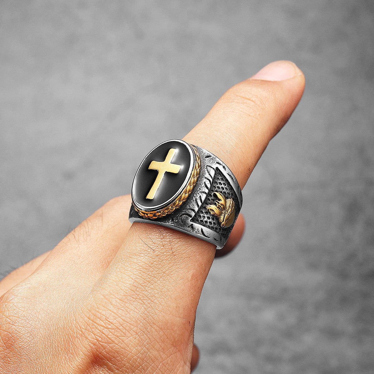 Praying Hands | 14k Gold over Solid Stainless Steel Cross Jesus Heart Men's Rings