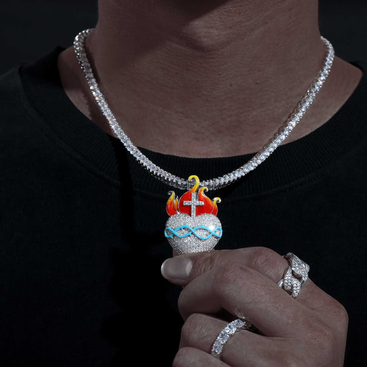 Heart Of Fire | Moissanite Diamond Cross Flame Glow In The Dark Silver Pendant