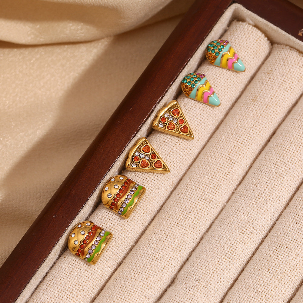 Ladies 18k Gold No Fade Summer Sweet Color Series Sandwich Pizza Ice Cream Earrings