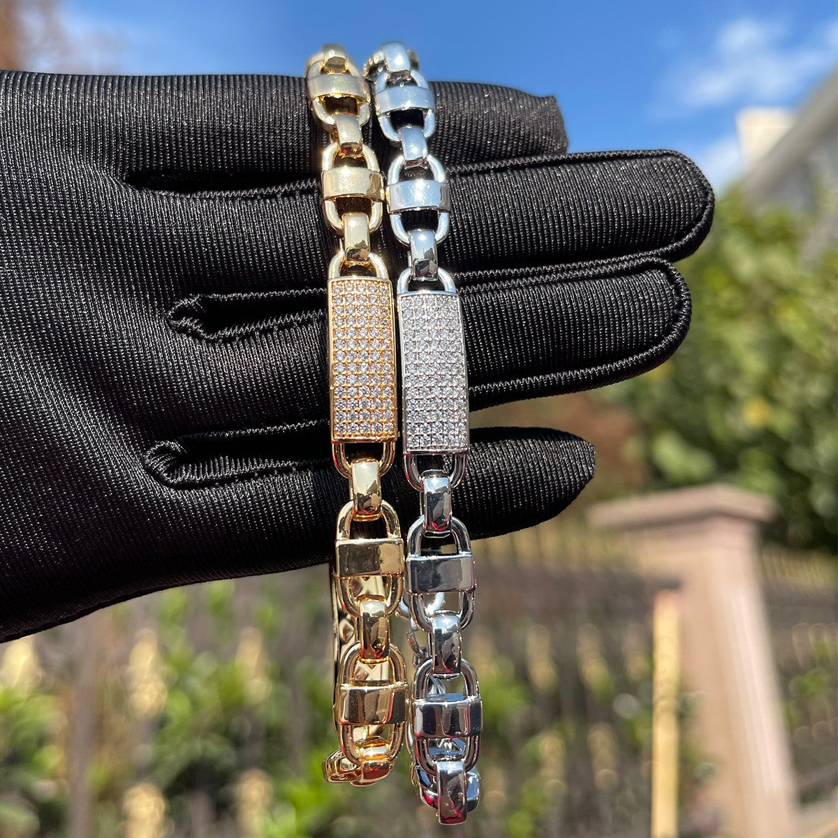 Mens 8mm Square Cluster Stone Swag Lock 24k 925 Silver Hip Hop Bracelet