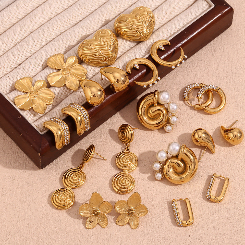 Ladies 18k Gold Stainless Steel Circular Hollow Tear Drop Heart Hoop Bling Bling Earrings