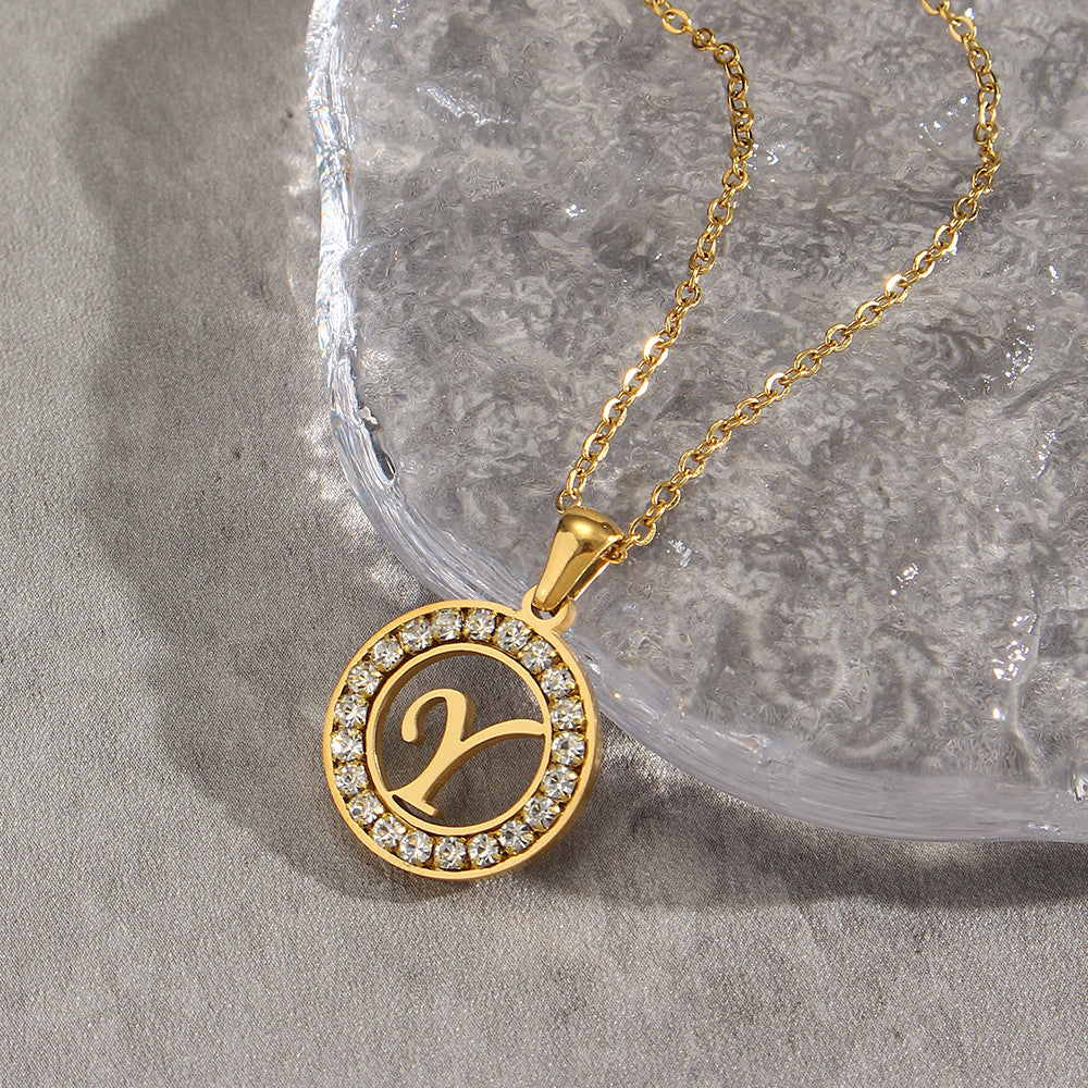 18k Gold Waterproof Hollow Round CZ Paved 26 Alphabet Initial Necklace