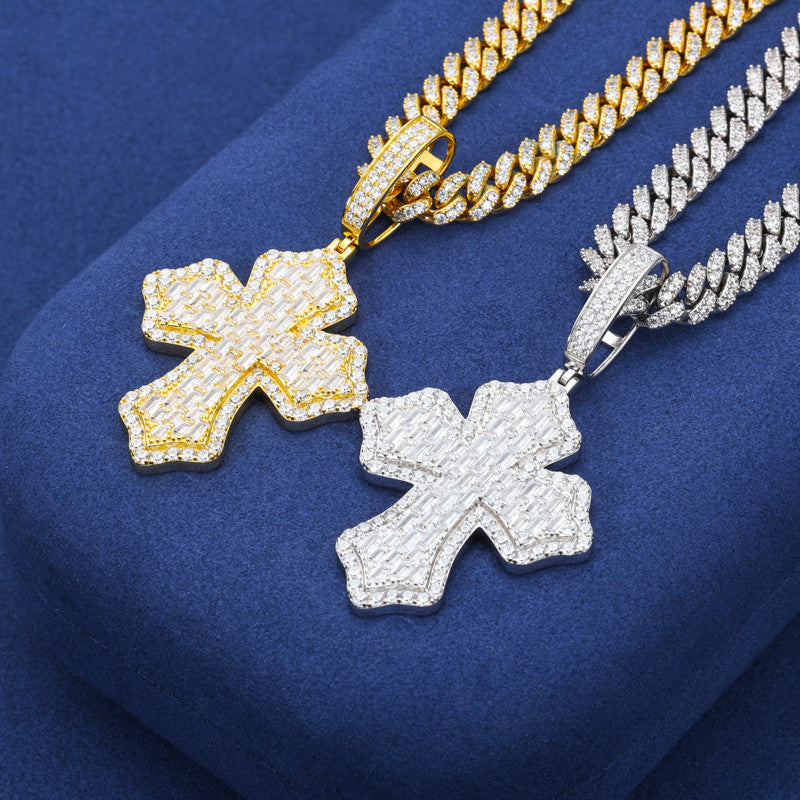 Cross Shield | Solid 925 Sterling Silver Moissanite Diamond Baguette Hip Hop Pendant