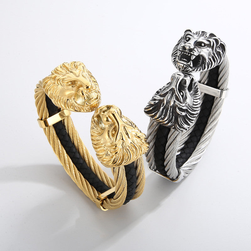 Lionheart | Triple Twisted Cable Lion Head Bangle Bracelet