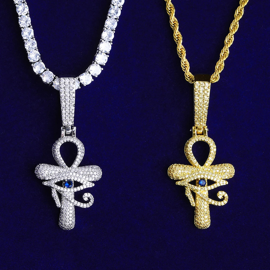 Radiant Ankh | Blue Stone VVS Diamond CZ Ankh Cross Eye Of Horus Hip Hop Pendant