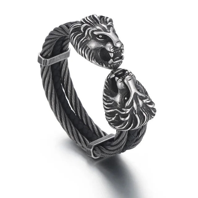 Lionheart | Triple Twisted Cable Lion Head Bangle Bracelet