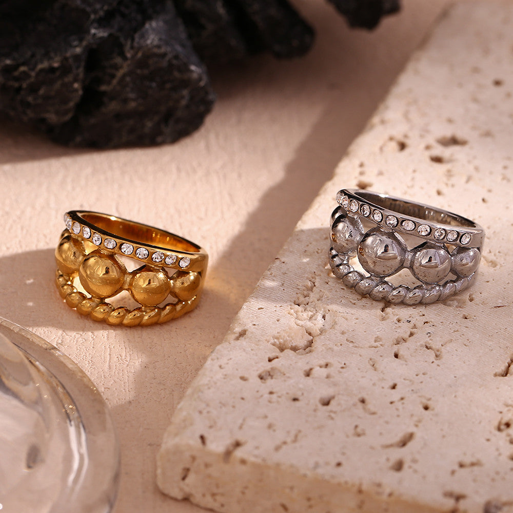 316L Stainless Steel Three Layer Round Bead Twists 18k Gold Waterproof Rings