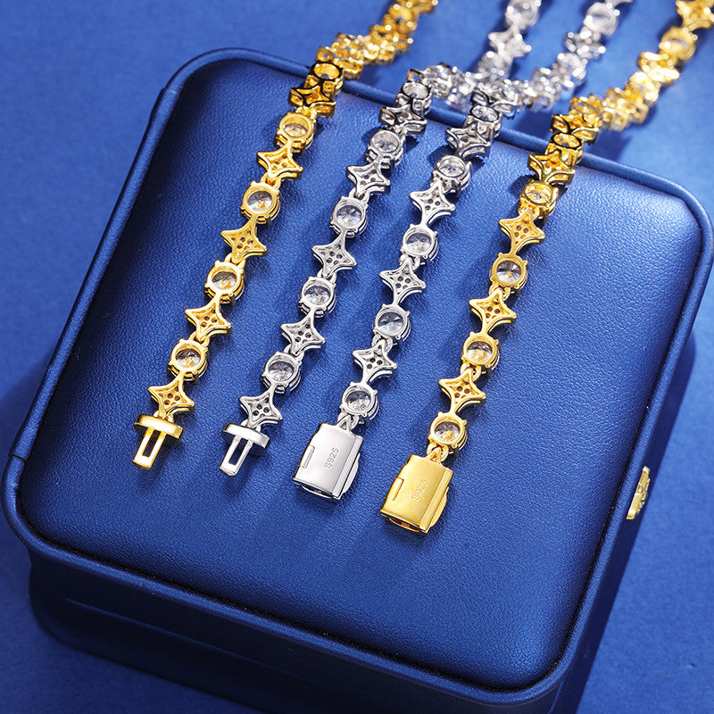 Solid Sterling Silver Circle Star Diamond Moissanite Iced Hip Hop Chain Necklace