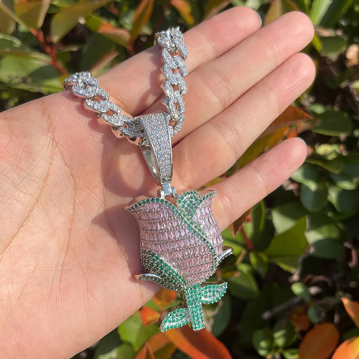 Beautifully Detailed Baguette & Round Stone Prong Set Rose Pendant Chain Necklace