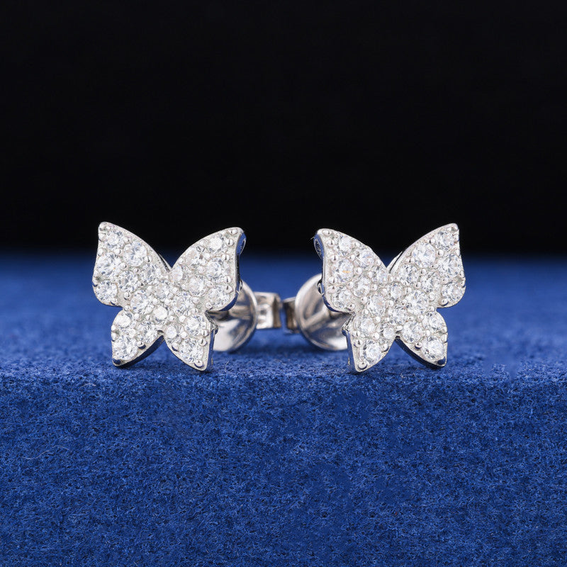 Sterling Silver Mini Butterfly Stud Moissanite Diamond Bling Earrings