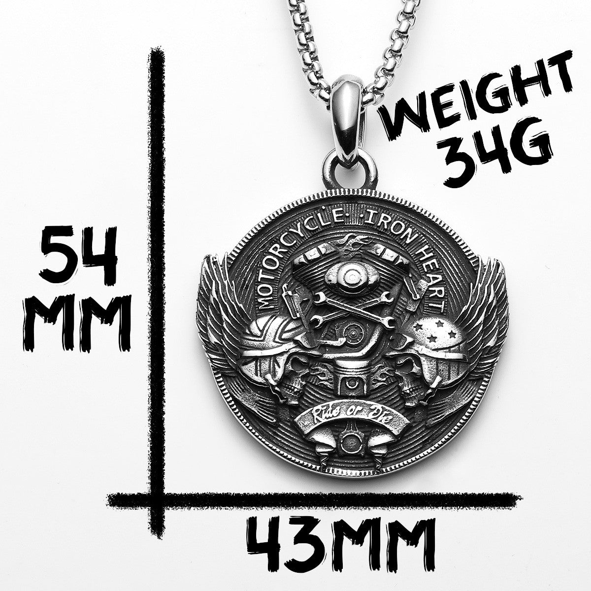 Ride Or Die | Vintage Look Motorcycle Iron Heart Skull Rider Stainless Steel Men Pendant