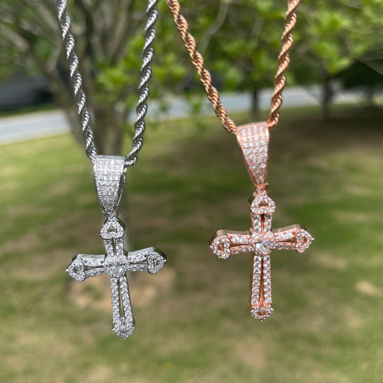 Passion Cross | Prong Set Heart Center Stone 24k 925 Silver Rose Cross Necklace