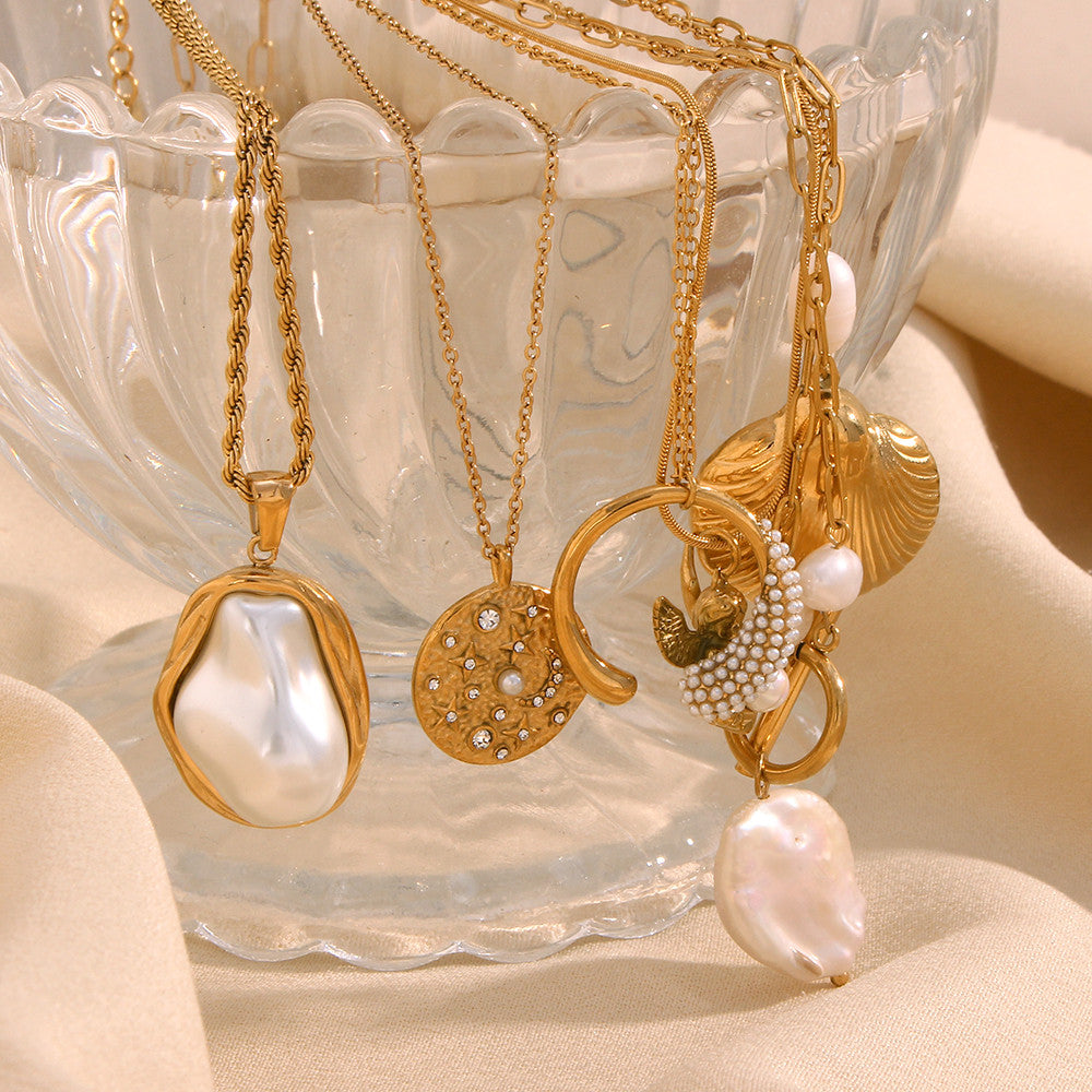 Women's 18k Gold Stainless Steel Waterproof Imitation Pearl Irregular Series Necklace