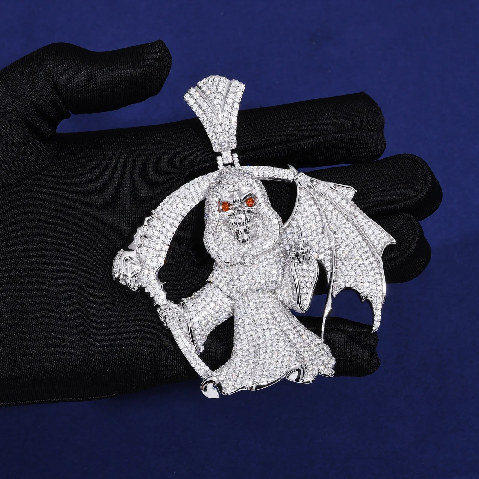 Middle Finger Reaper | Moissanite Diamond 925 Silver Hip Hop One Wing Scythe Grim Reaper Pendant