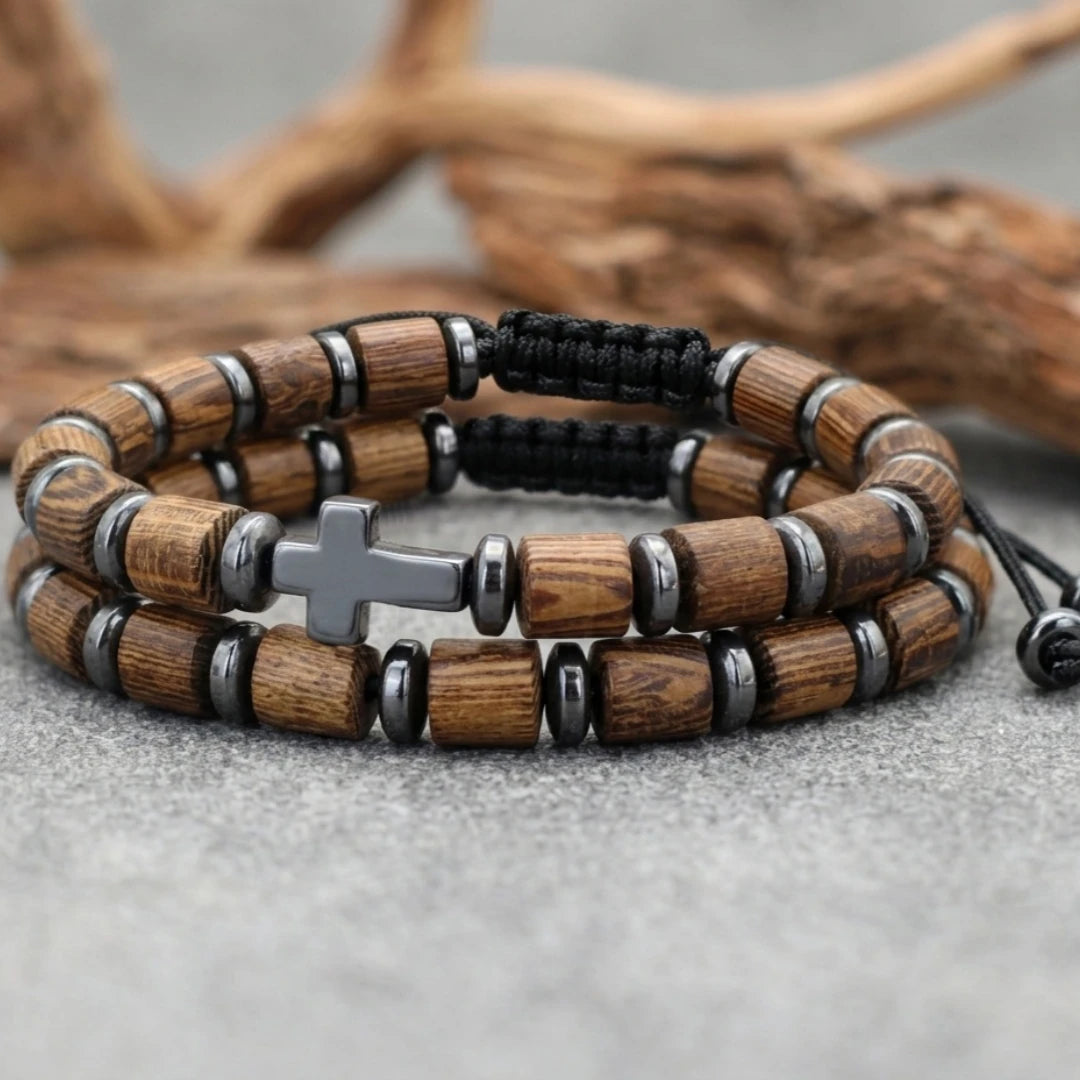 Divine Blessings | Handmade 2 Piece Natural Wooden Gallstone Meditation Cross Bracelet