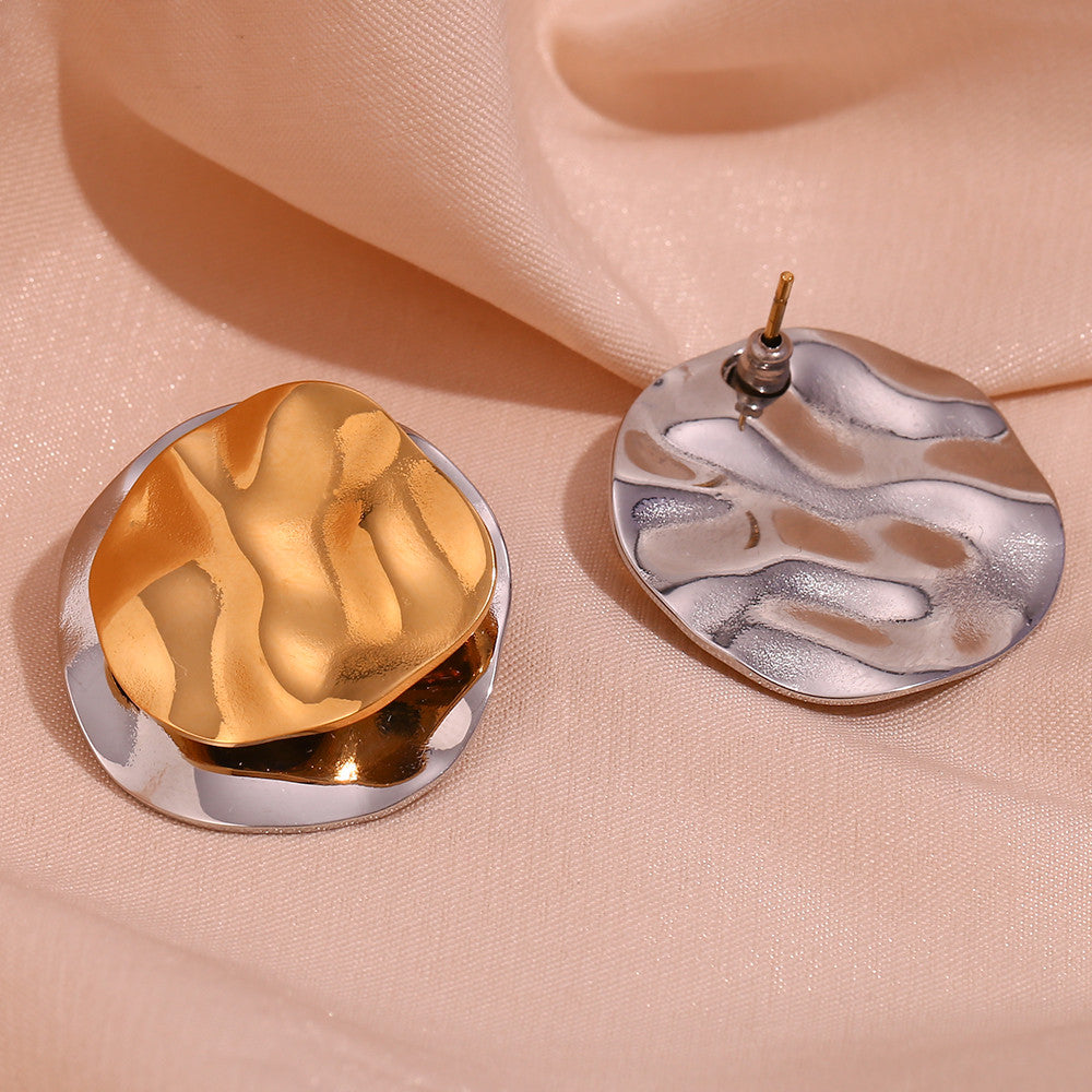 Stainless Steel Double Layer 18k Gold Silver 2 Tone Round Circle Stud Earrings