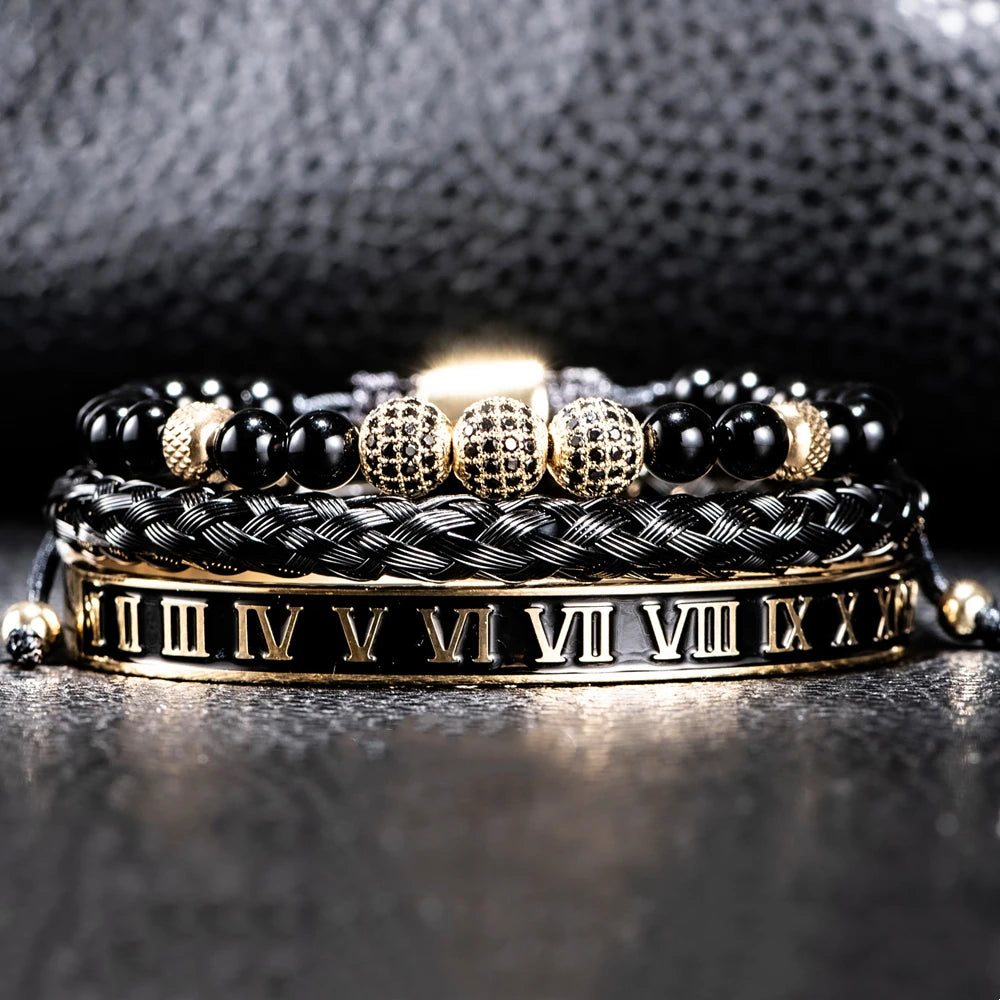 Imperial Force | Luxury Kings Crown 18k Gold Black Stainless Steel Bracelet 3 Piece Set