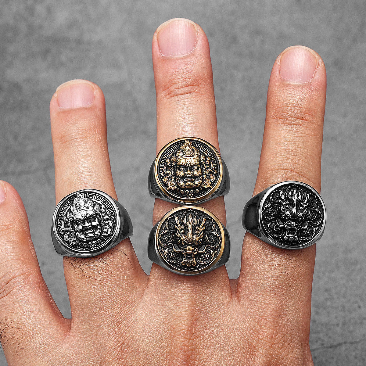Zhong Kui | 14k Gold Over Stainless Steel Vanquisher of Evil Beings Mythology Rings