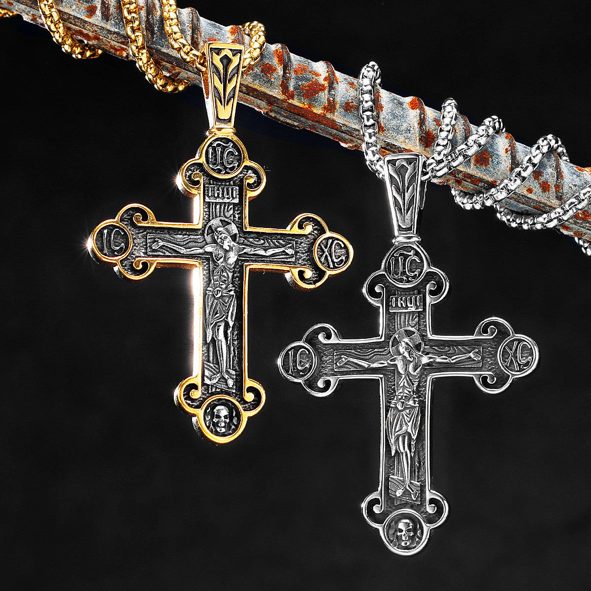 Jesus Cross | 14k Gold over 316L Stainless Steel Religion Amulet Pendant Chain Necklace