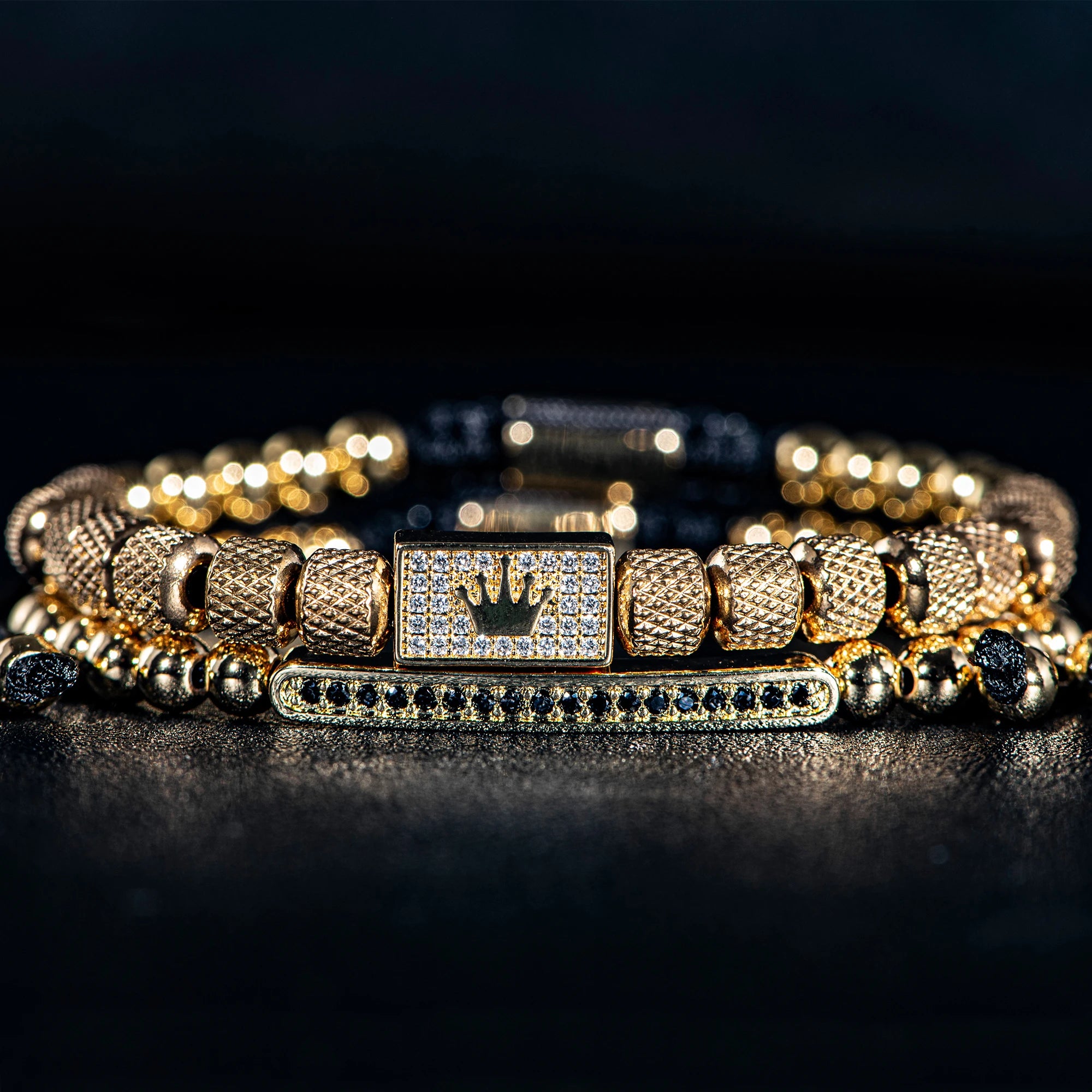 Two Piece | VVS Diamond CZ Stainless Steel 18k Gold Kings 2 Piece Bracelet Set
