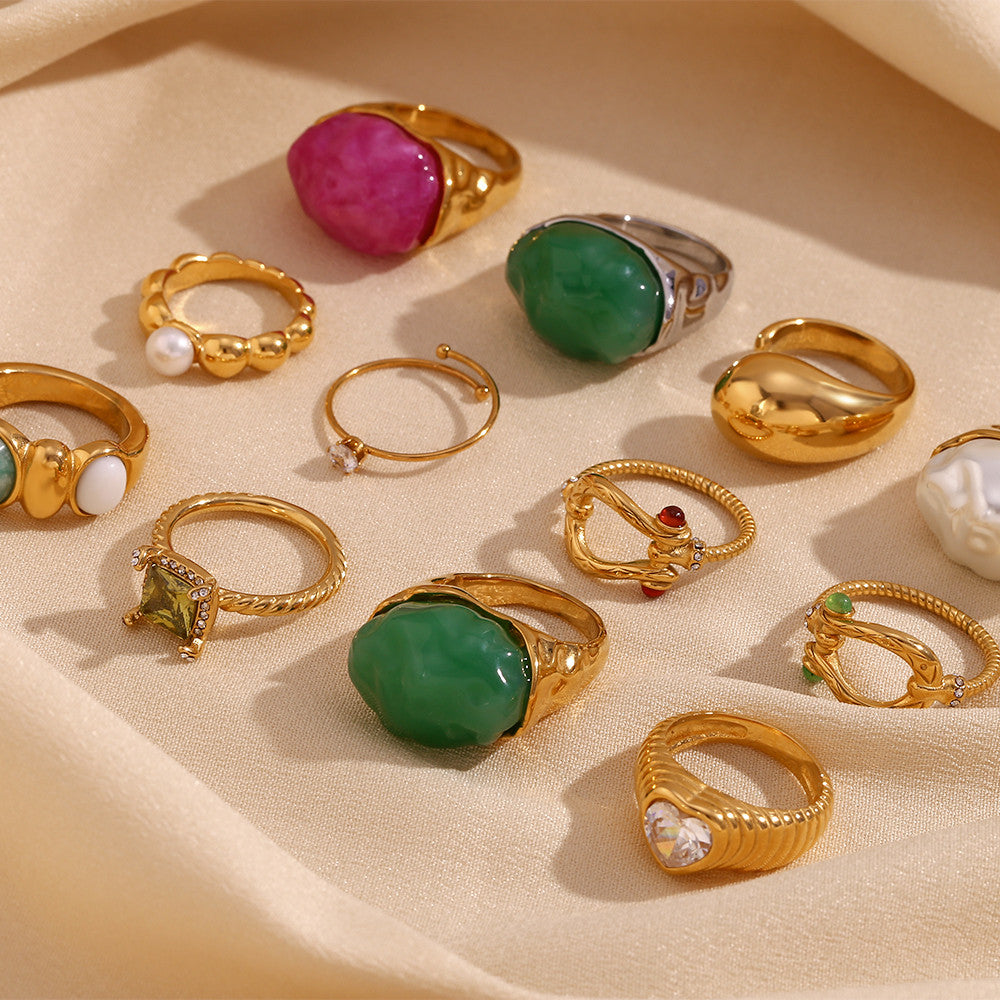 Ladies Oval Amazonite White Jade Heart 18k Gold Waterproof Stainless Steel Rings