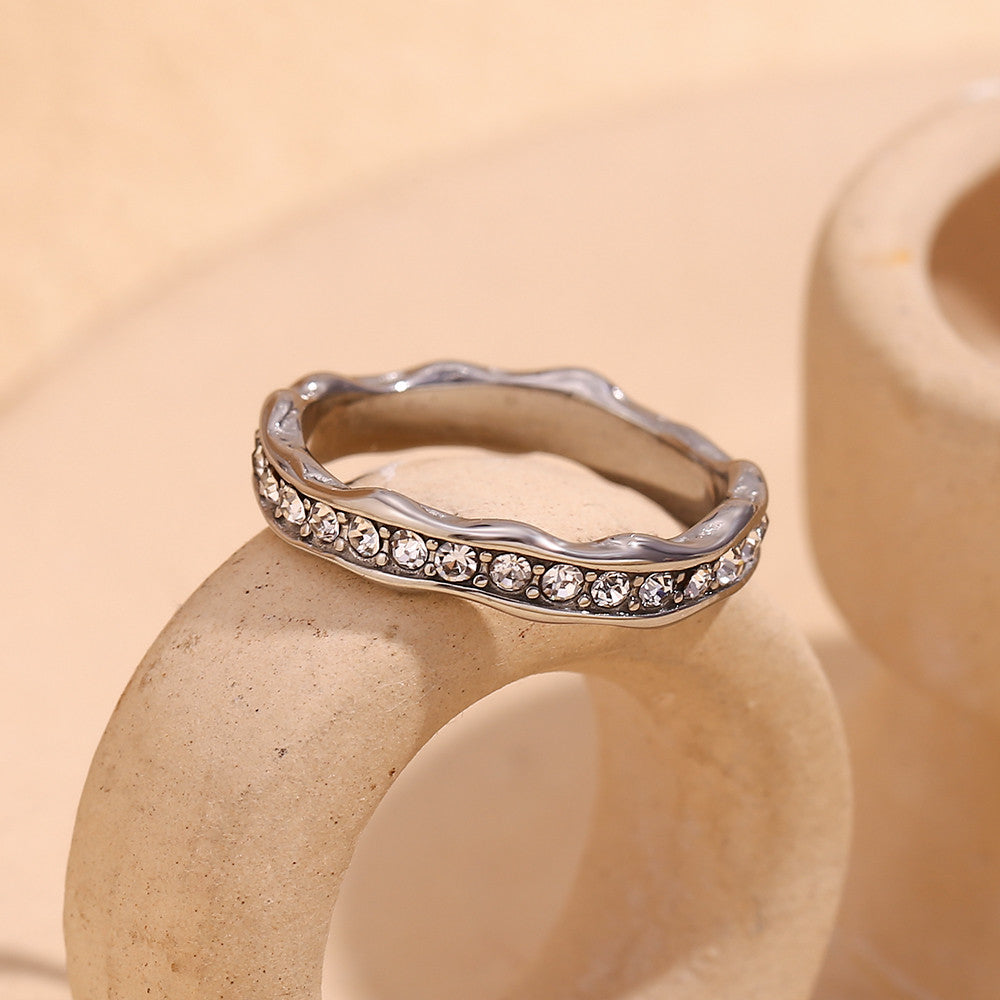 Women's Irregular Wave Pattern CZ Stone 18k Gold Silver No Fade Waterproof Rings