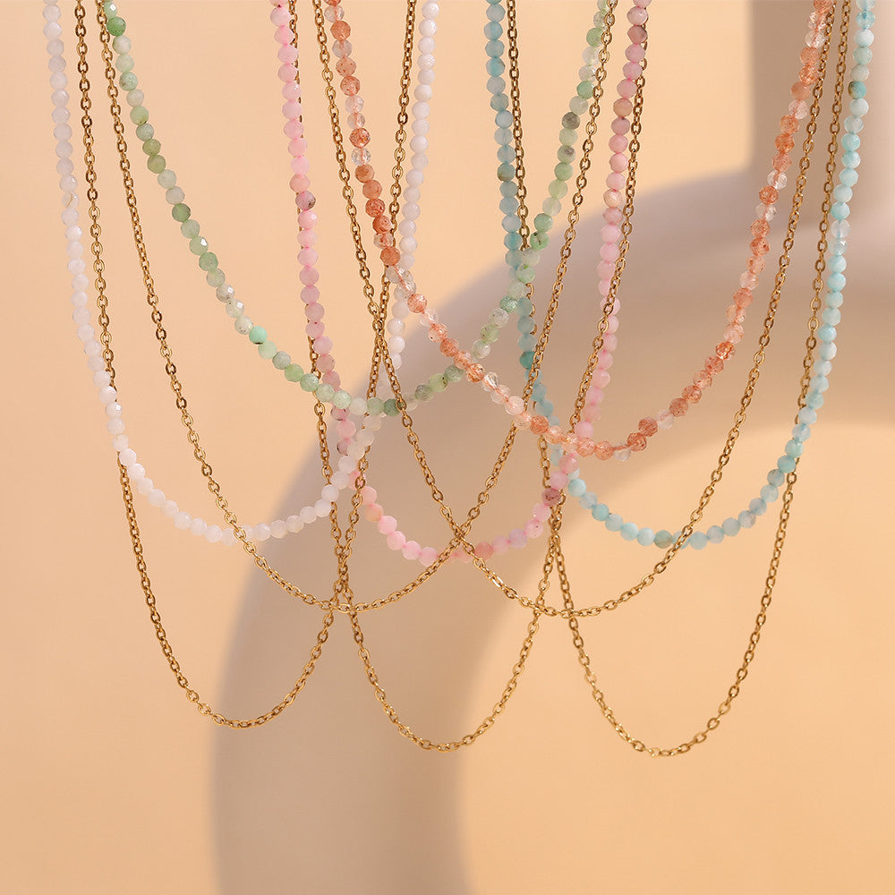 18k Gold Tarnish Free Amazonite O-Shaped Double Layer Stainless Steel Necklace