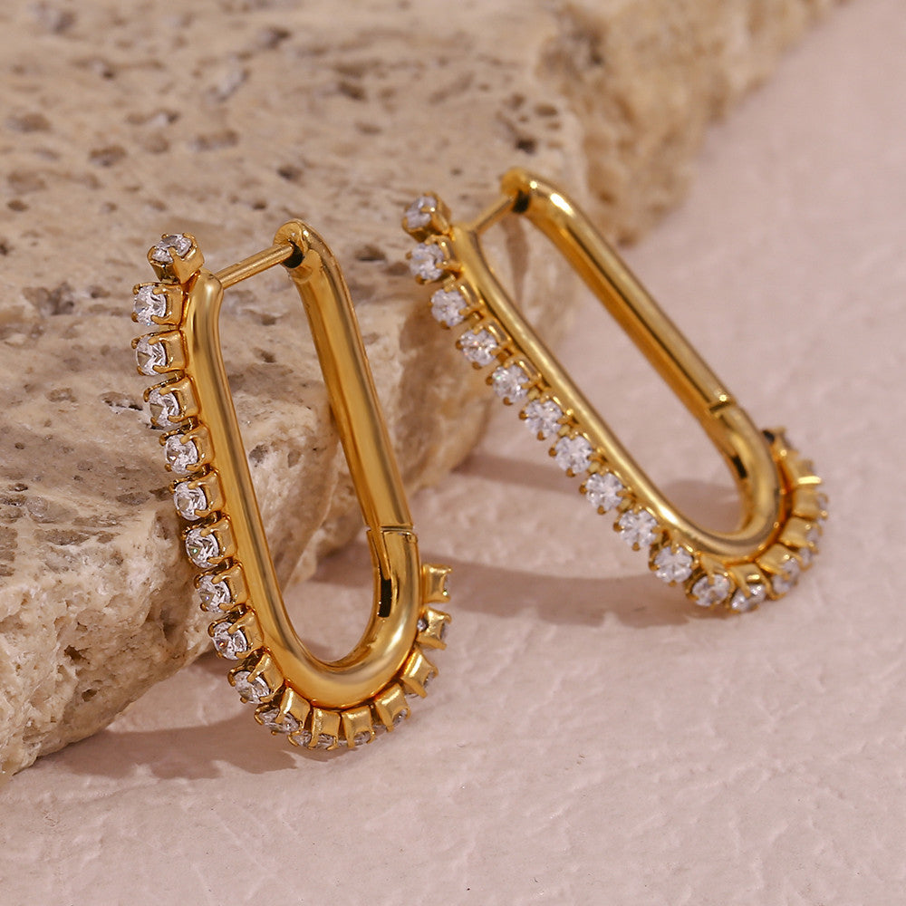 18K Gold Waterproof Stainless Steel Clip Shaped Cubic Zirconia Side Paved Hoop Earrings