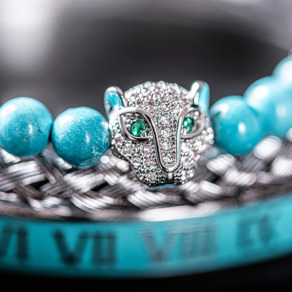 Turquoise Stone | VVS Diamond CZ Roman Numeral Leopard Head Luxury Bracelet