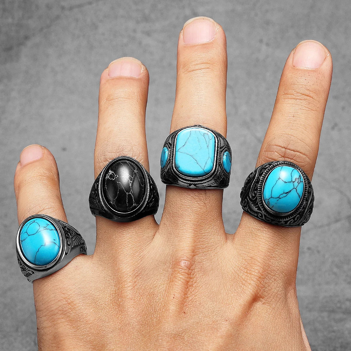 Luxury Turquoise Black Obsidian Solid Stainless Steel No Fade Rings