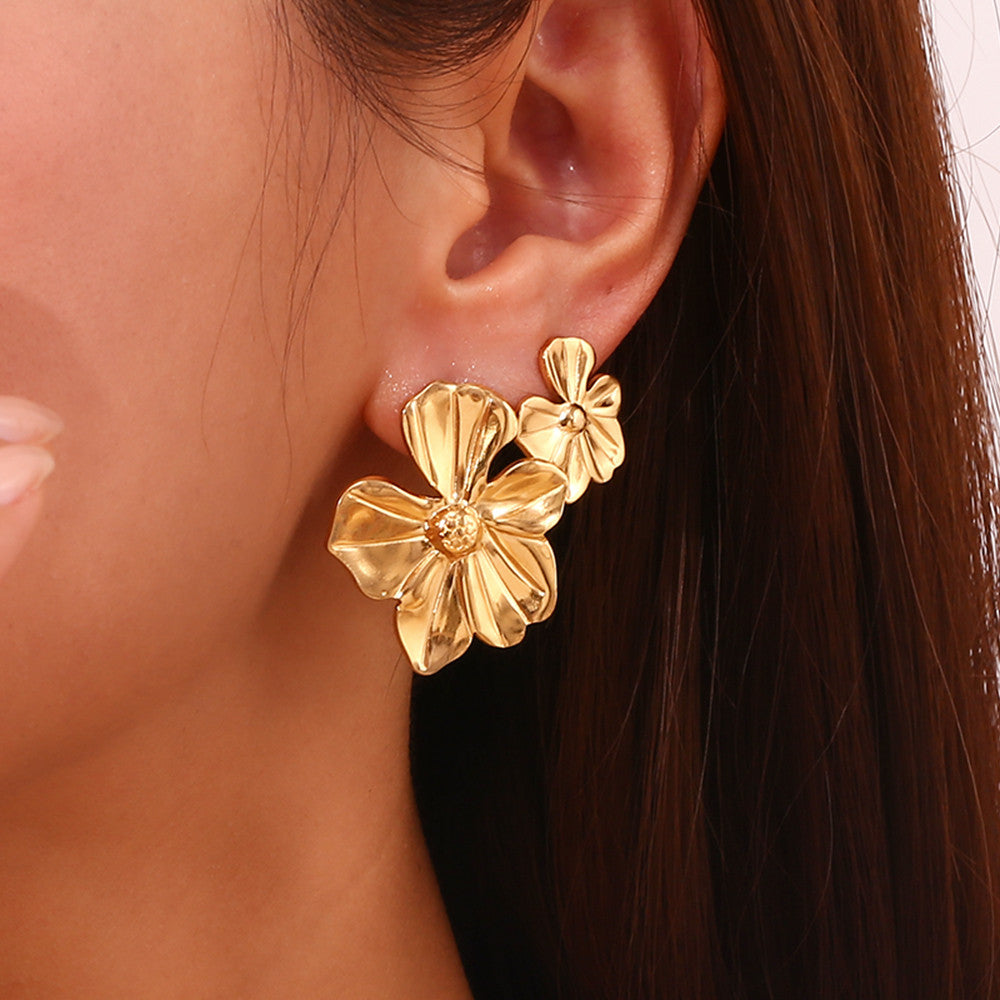 18k Gold No Tarnish Stainless Steel Five Petal Flower Large and Small Earrings