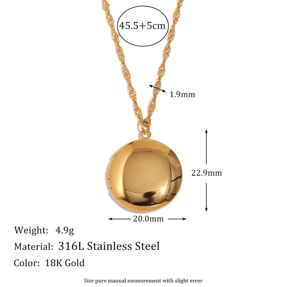 Ladies 18k Gold Waterproof Stainless Steel Flower Pattern Hollow Heart Photo Box Necklace