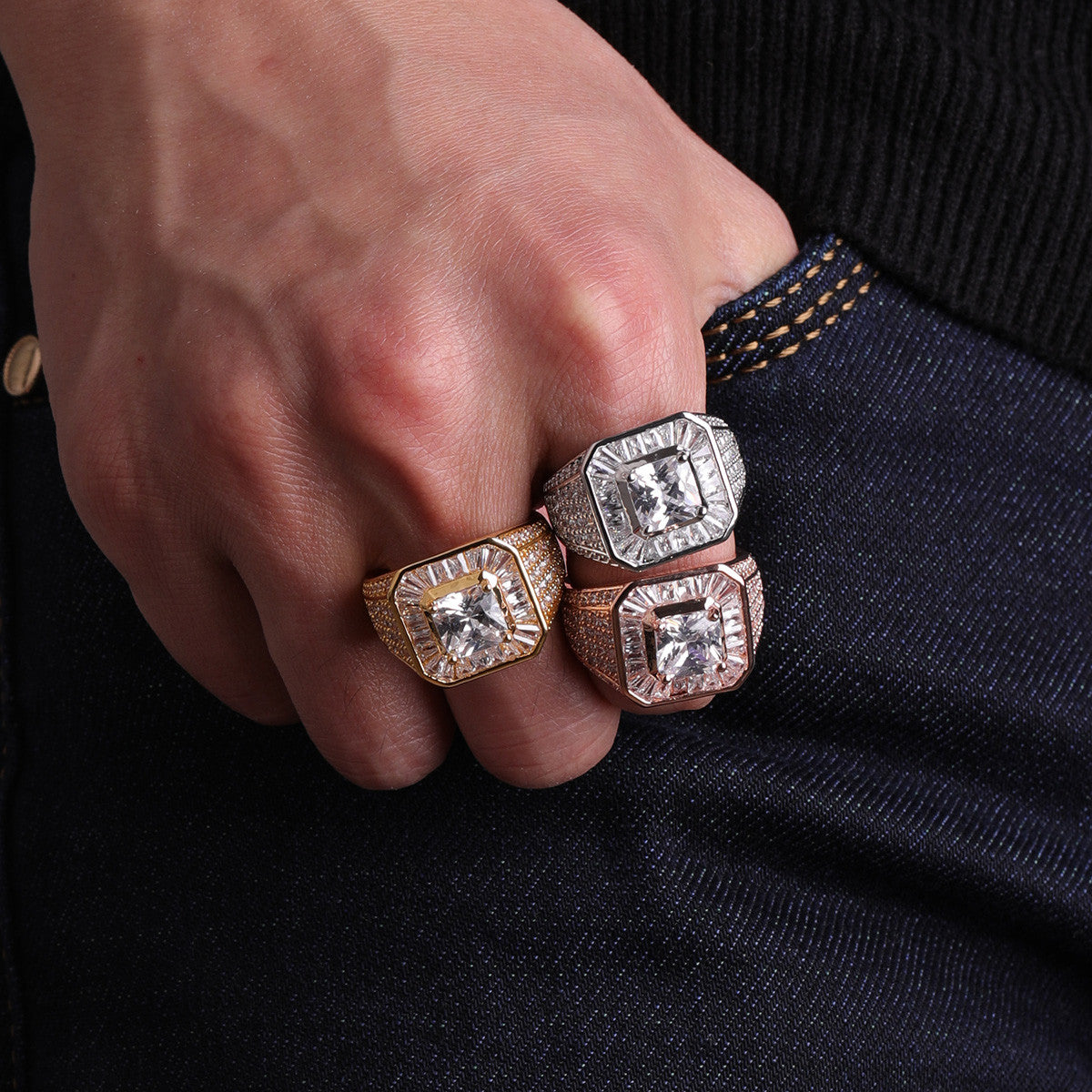 Street Royalty | VVS Diamon CZ 4 Prong Set Baguette Hip Hop Center Stone Iced Rings