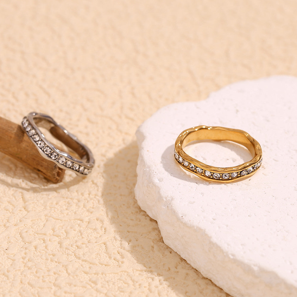 Women's Irregular Wave Pattern CZ Stone 18k Gold Silver No Fade Waterproof Rings