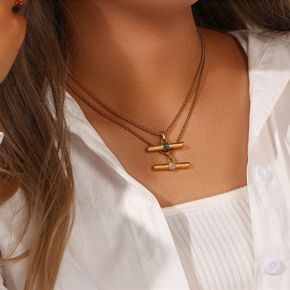 Stainless Steel Green CZ T Bar Pendant Square Pearl 18k Gold Hip Hop Chain Necklace