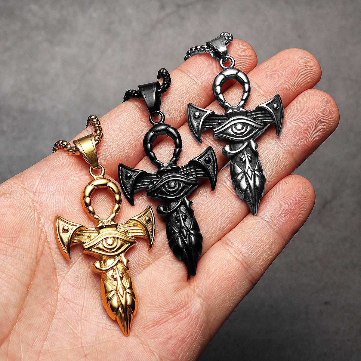 Eye of Horus | 14k Gold Black over No Fade Stainless Steel Ankh Cross Hip Hop Pendant